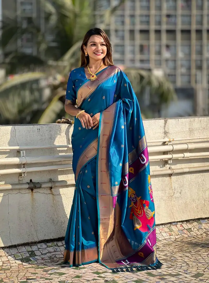 Rama blue zari woven vitthala god paithani silk blend saree