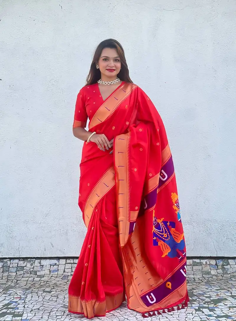Red zari woven vitthala god paithani silk blend saree