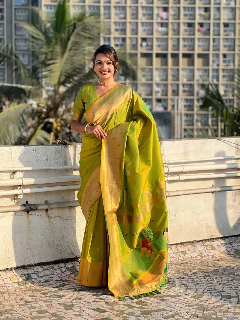 Mehendi green zari woven gudi padwa special paithani silk blend saree