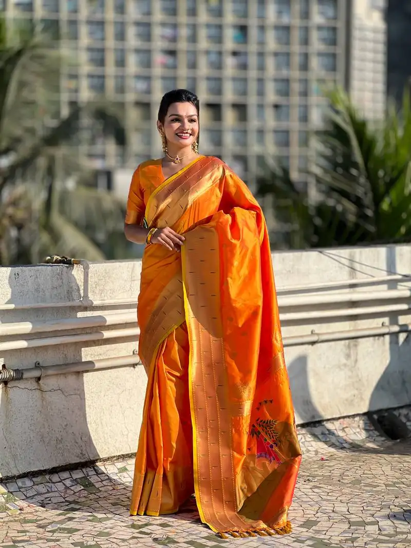 Orange zari woven gudi padwa special paithani silk blend saree
