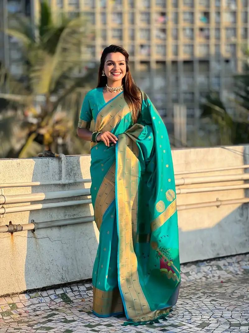 Sea green zari woven gudi padwa special paithani silk blend saree