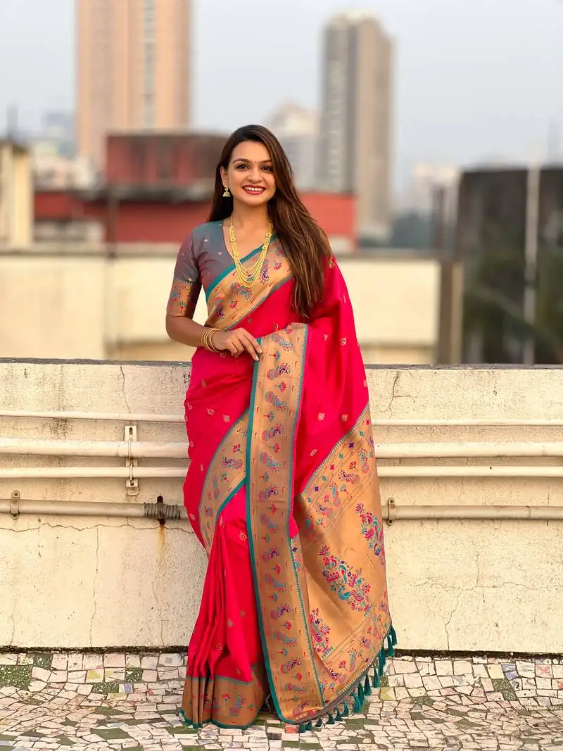 Pink zari woven tiny nath meenakari contrast yeola paithani silk blend saree