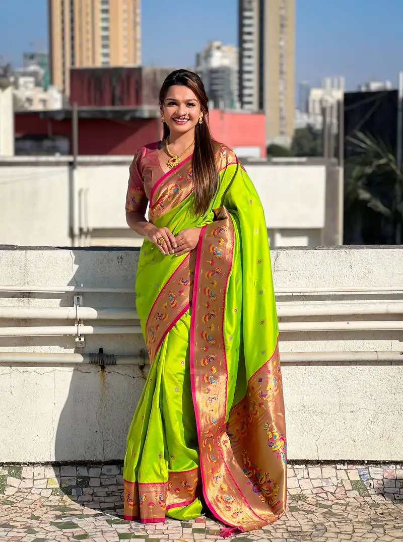 Parrot green zari woven tiny nath meenakari contrast yeola paithani silk blend saree