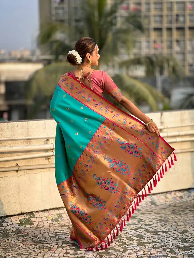 Sky blue zari woven tiny nath meenakari contrast yeola paithani silk blend saree