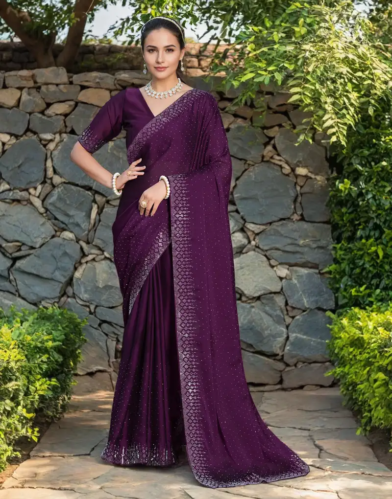 Turquoise silk blend swaroski work work saree with unstitched blouse piece