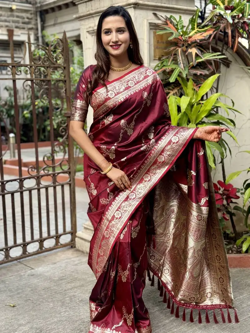 Maroon banarasi jaal soft silk blend zari woven saree