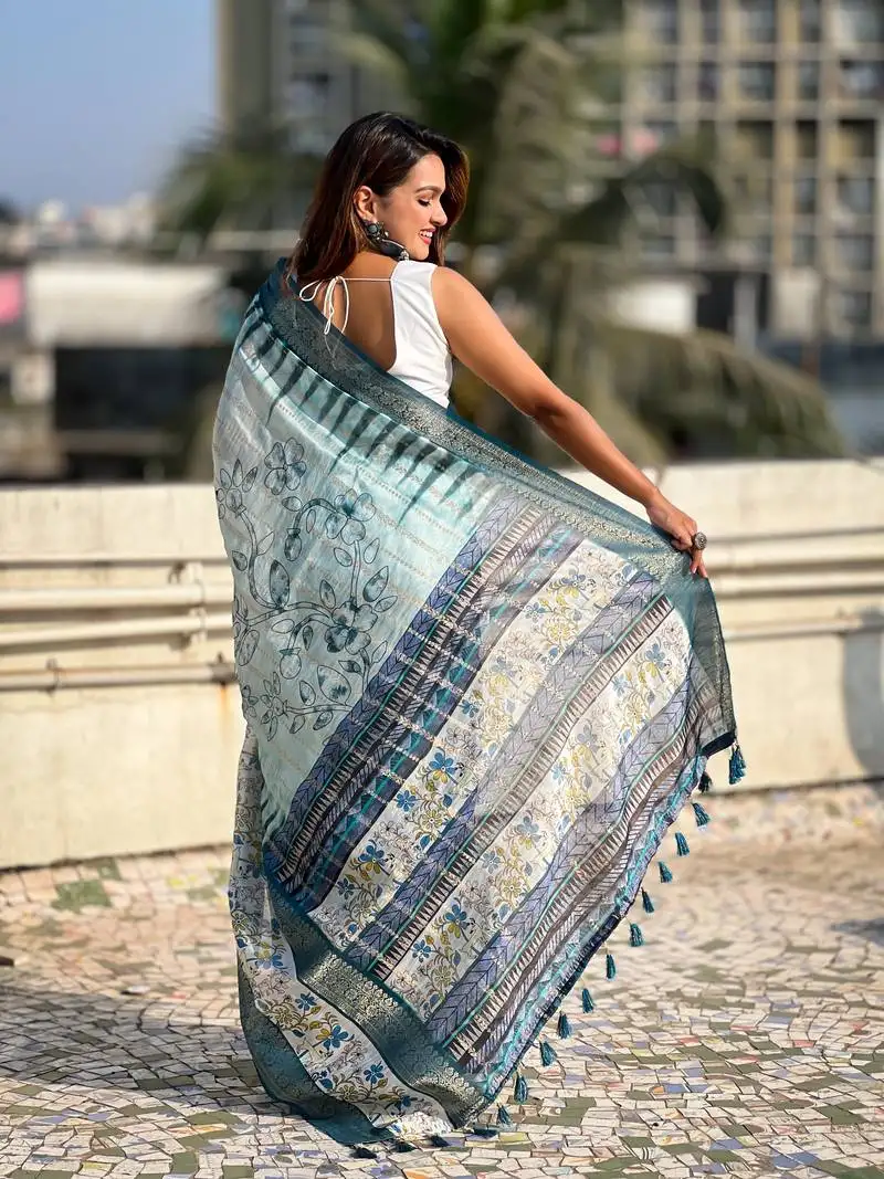 Sky chanderi crush silk blend floral printed saree with zari woven jacquard panel border