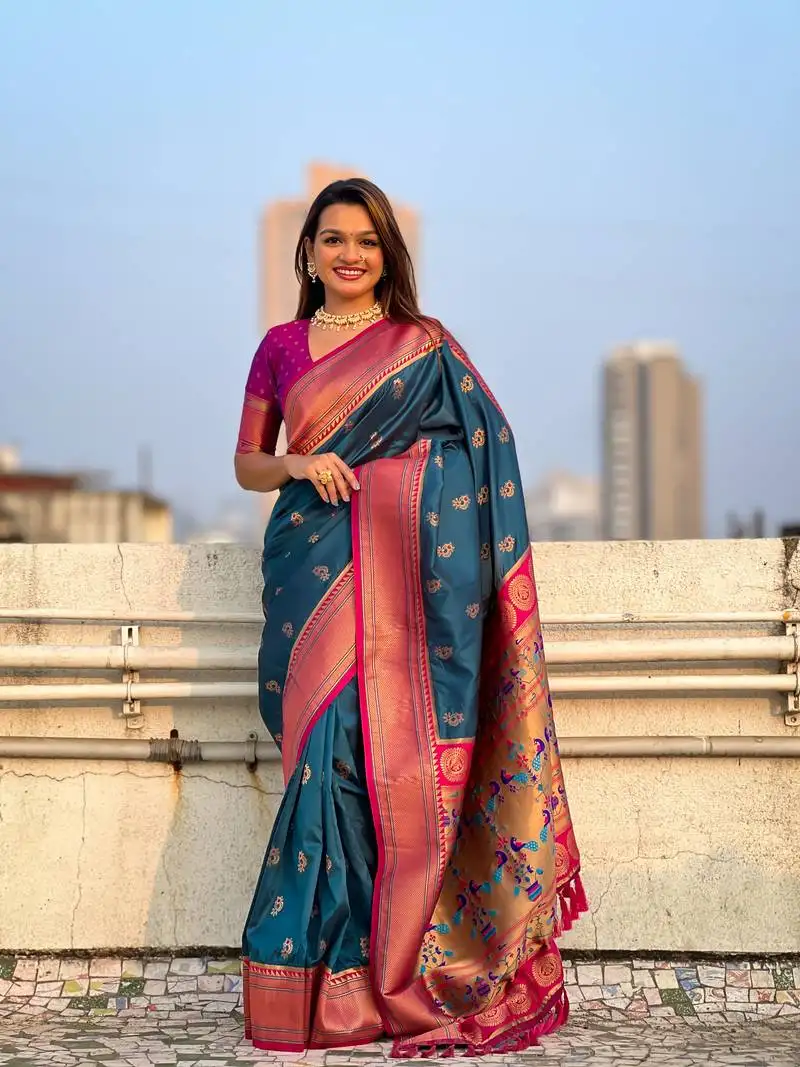 Denim zari woven nath contrast yeola paithani silk blend saree