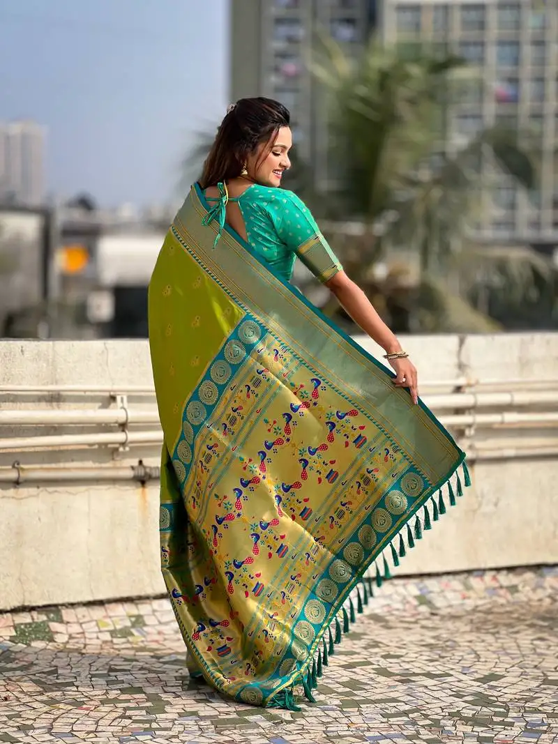 Mehendi green zari woven nath contrast yeola paithani silk blend saree
