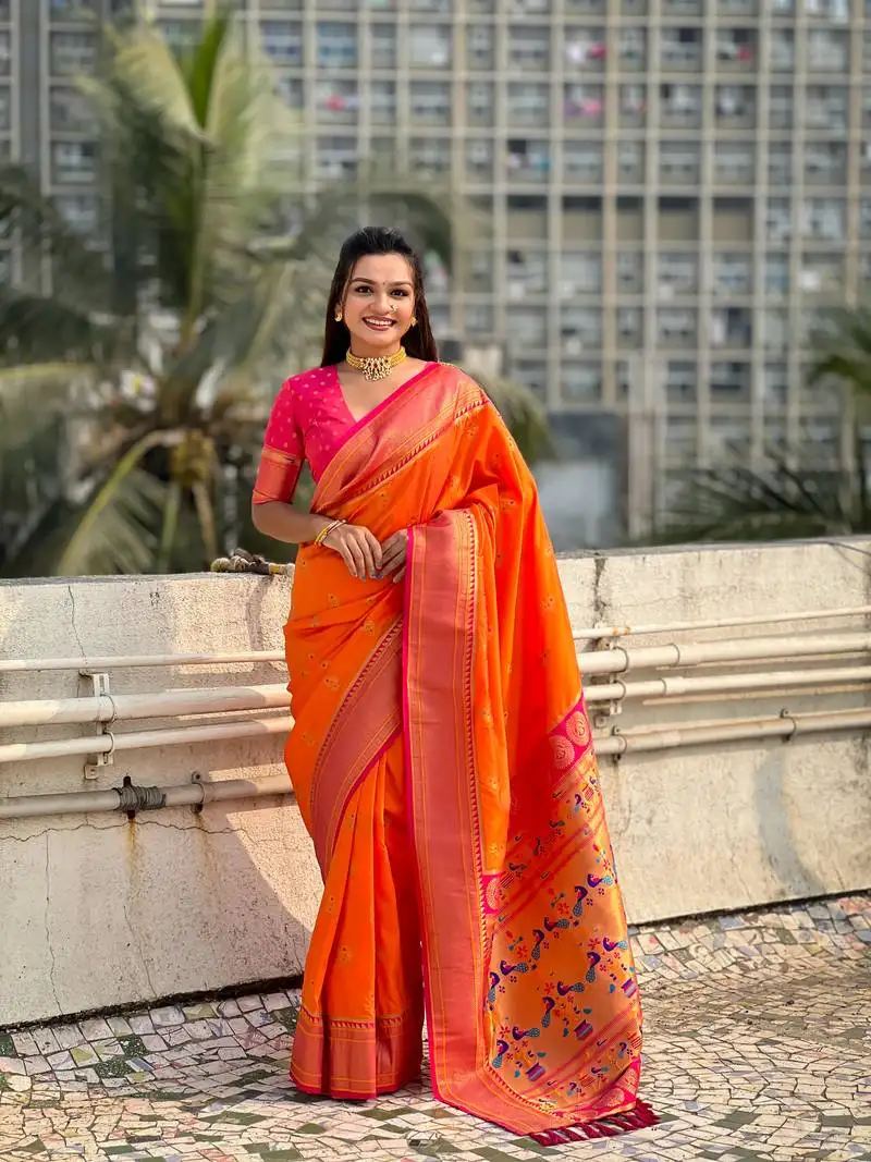 Orange zari woven nath contrast yeola paithani silk blend saree