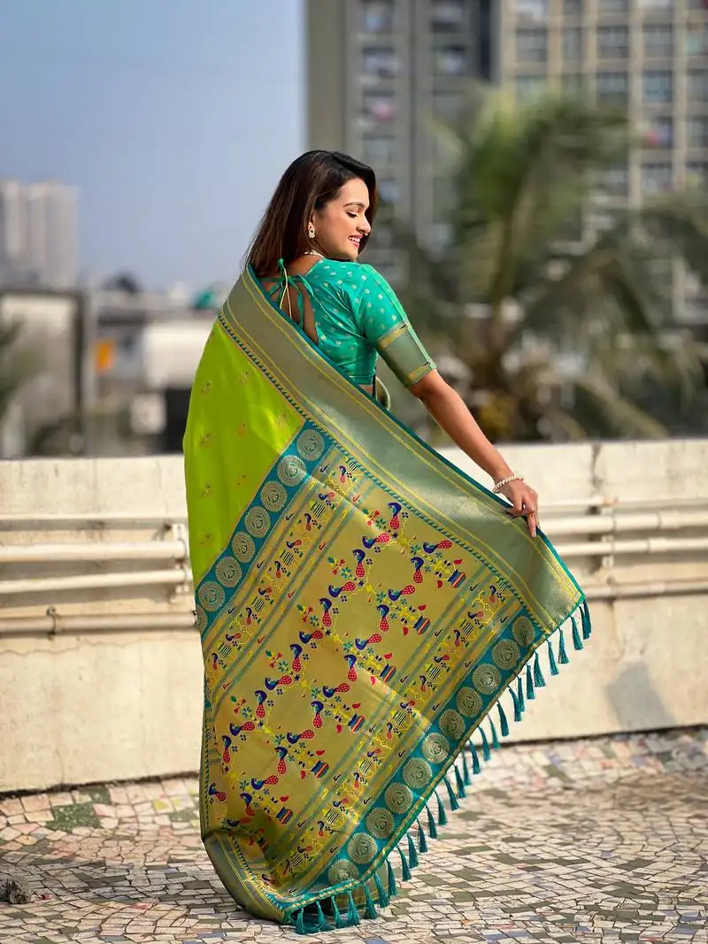 Pista zari woven nath contrast yeola paithani silk blend saree