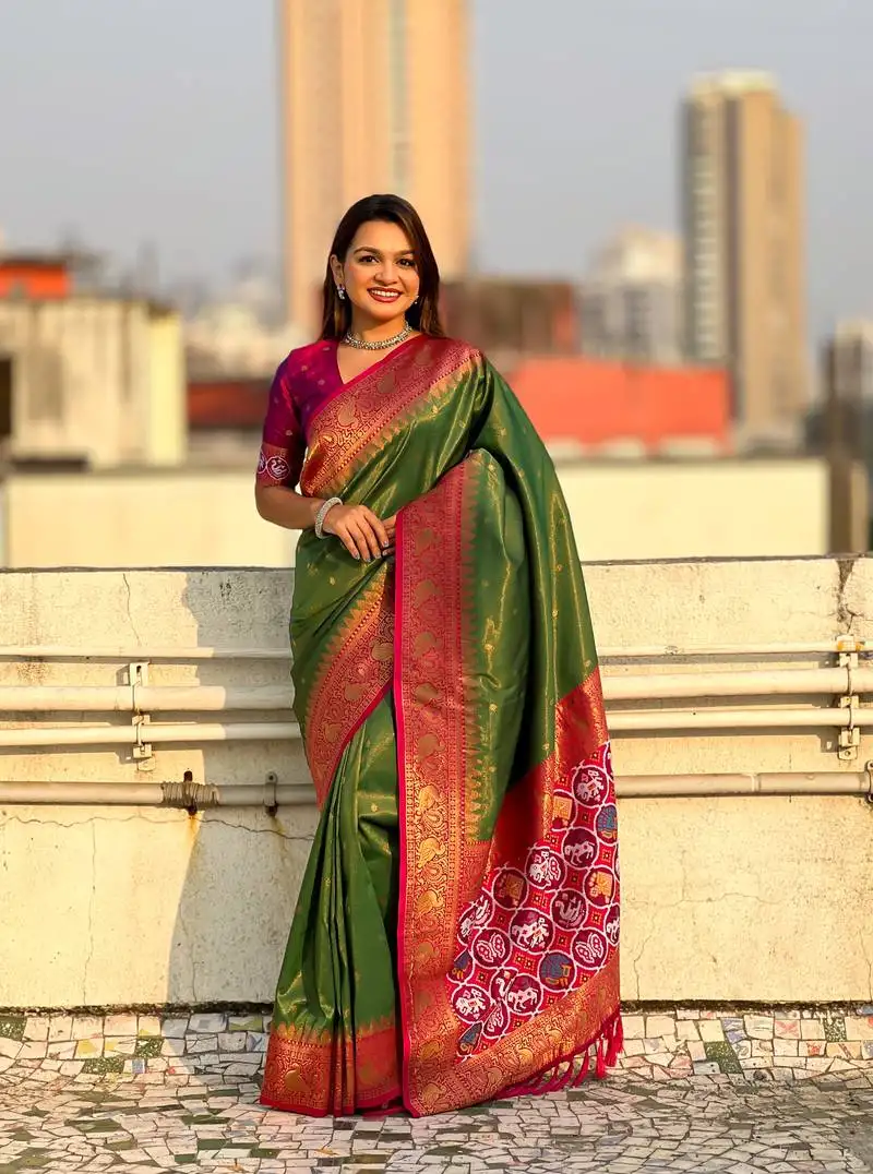 Mehendi green pure tissue zari woven patola saree with contrast weaves