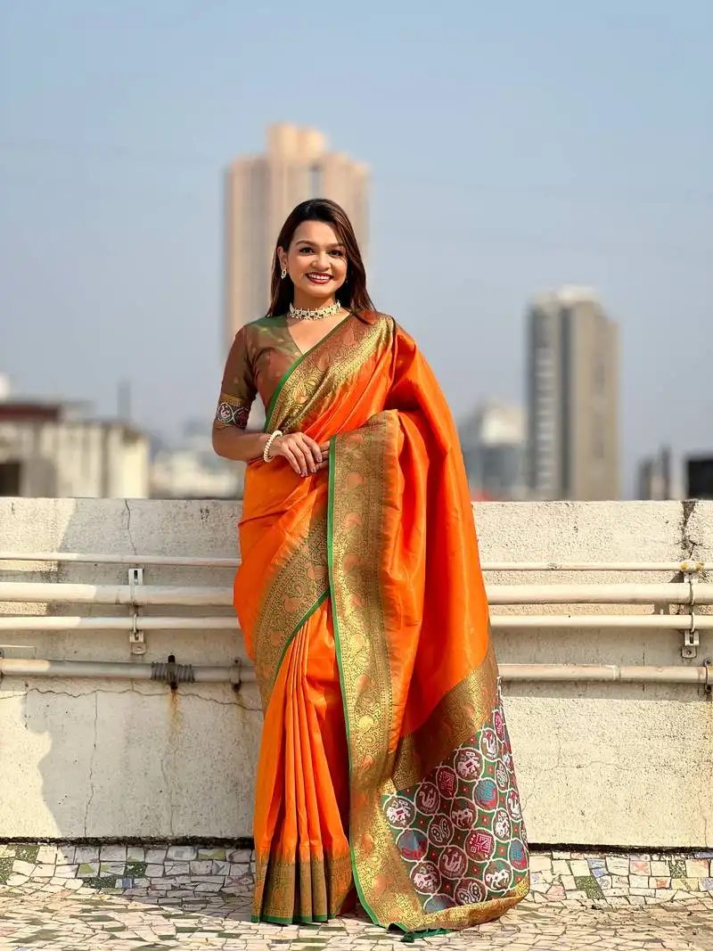 Orange pure tissue zari woven patola saree with contrast weaves