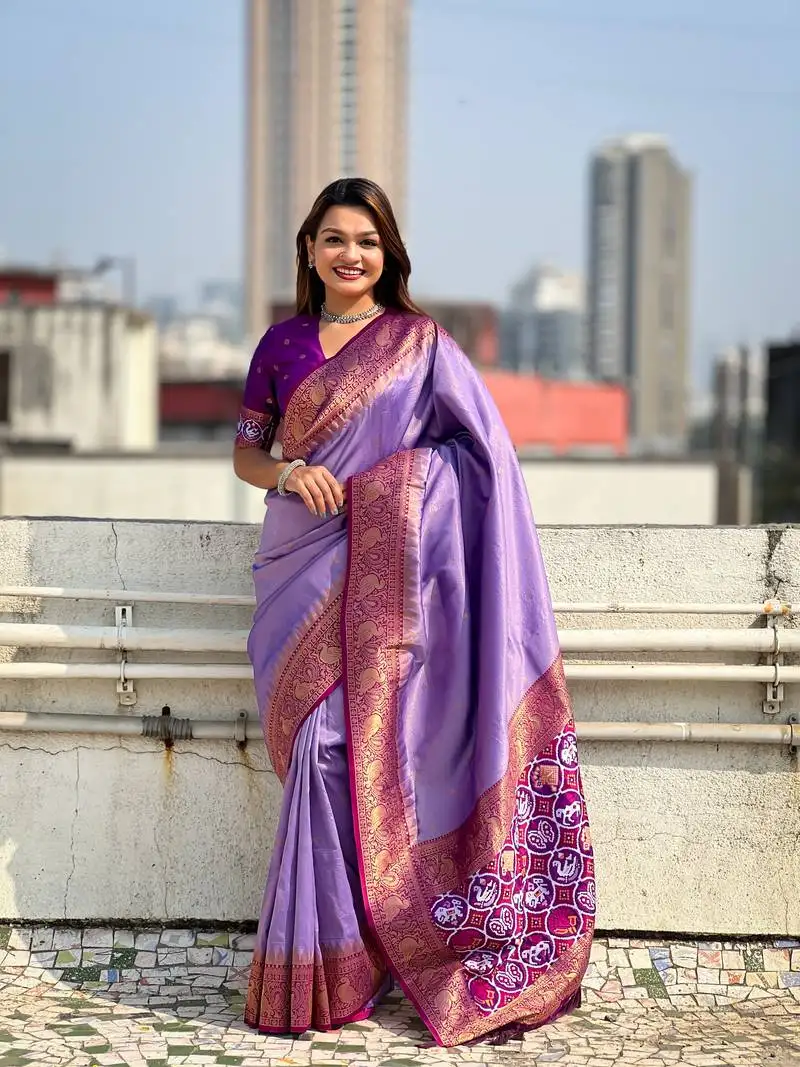 Lavender pure tissue zari woven patola saree with contrast weaves