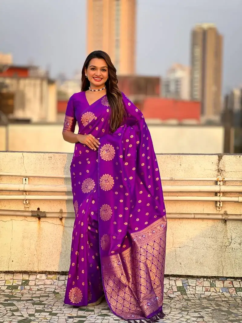 Purple soft silk blend dual zari woven saree with peacock border