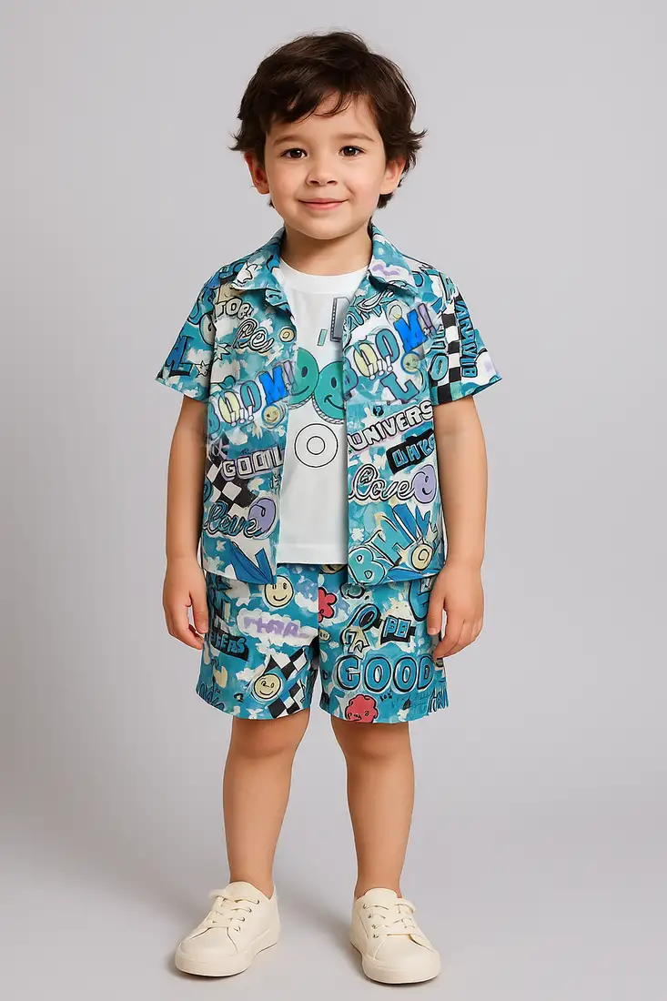 Blue typography printed cotton blend co-ord set