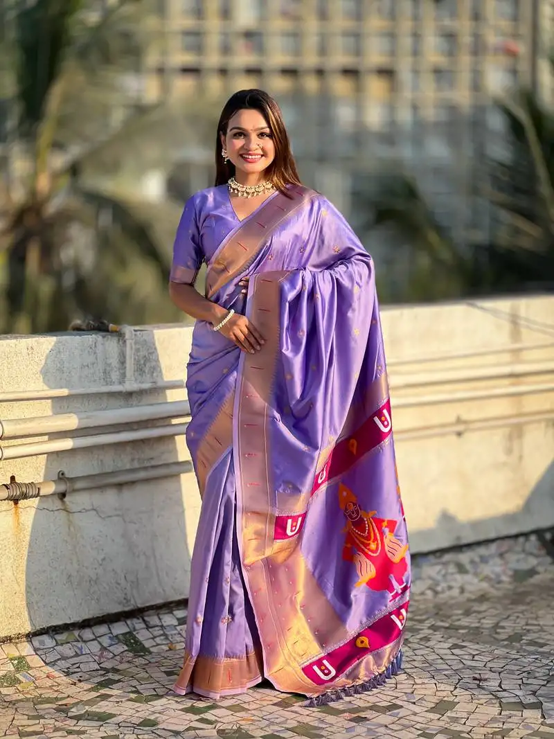 Lavender zari woven vitthala god paithani silk blend saree