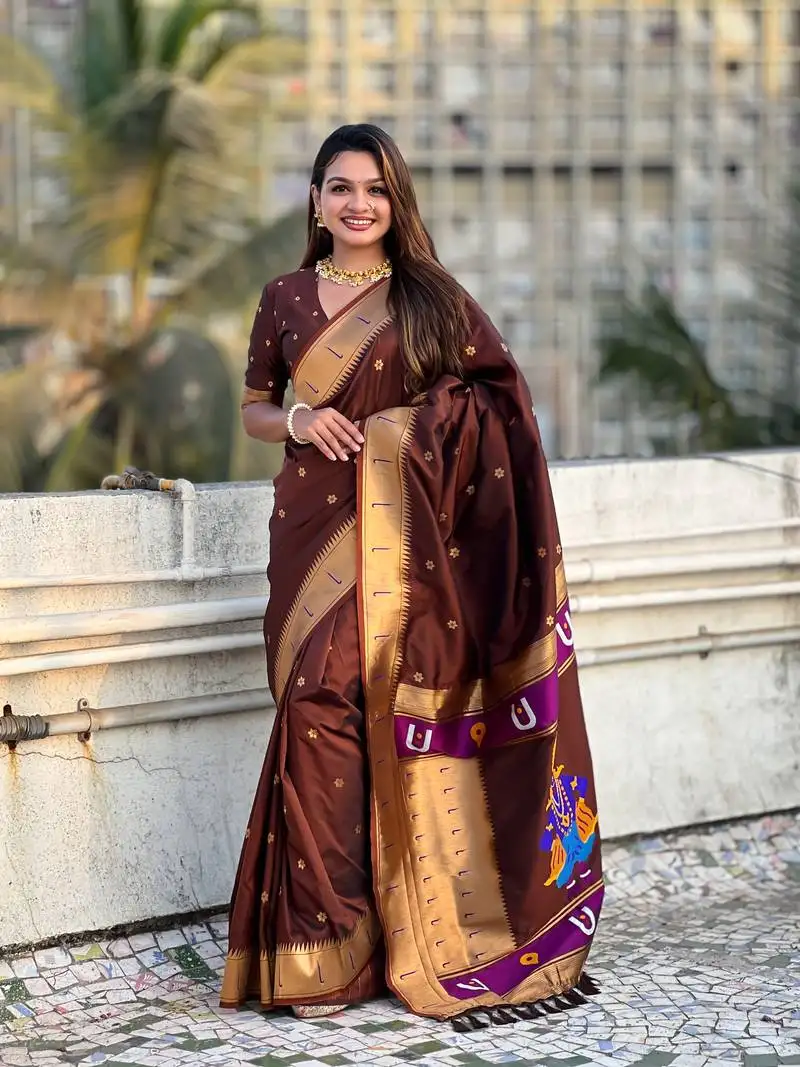 Coffee brown zari woven vitthala god paithani silk blend saree