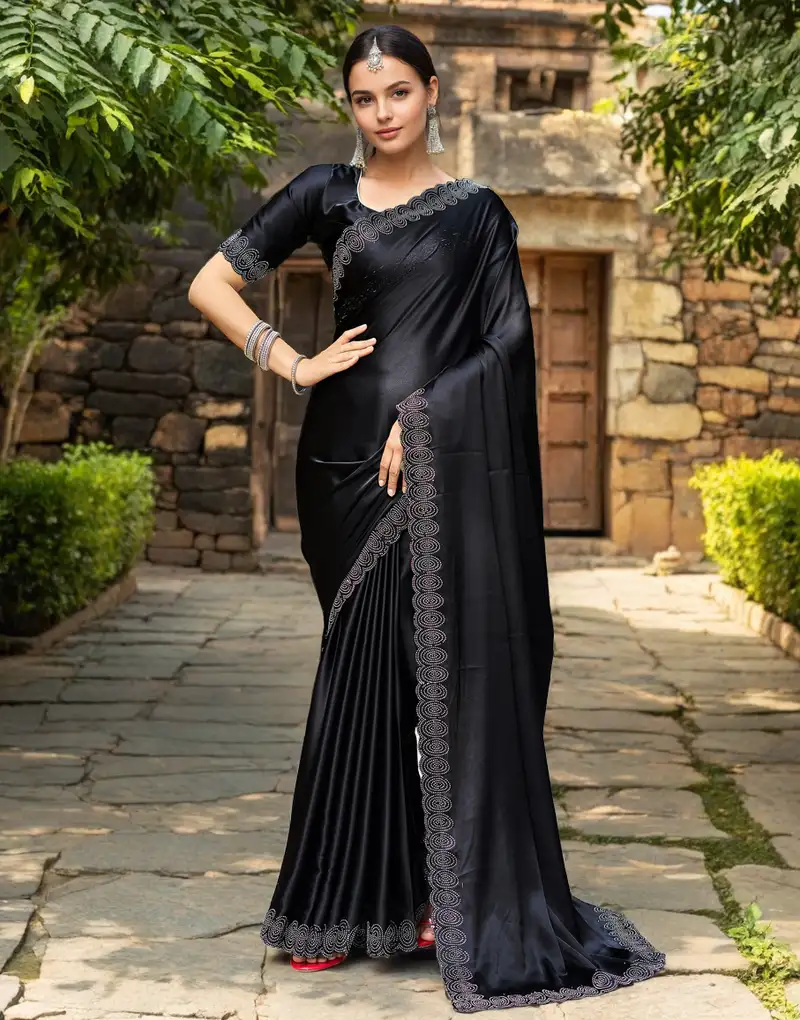 Black rangoli silk blend swarovski detailing saree with unstitched blouse