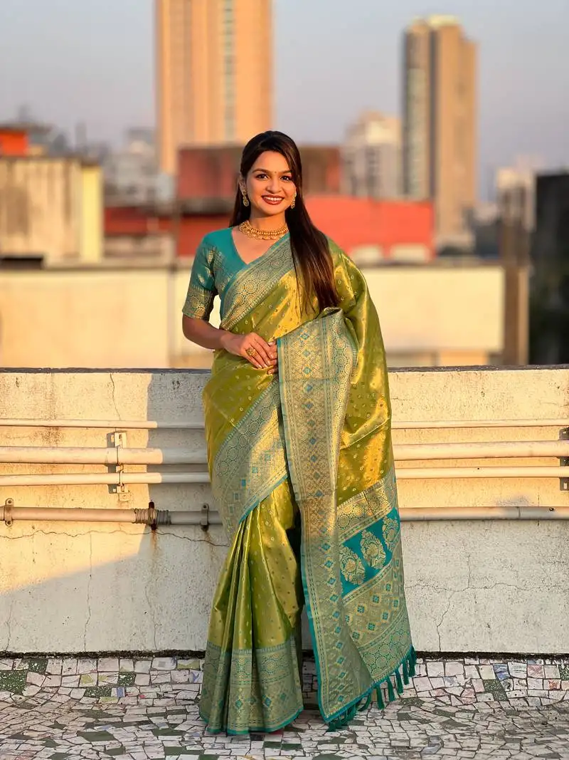 Green pure tissue zari woven saree with contrast weaves
