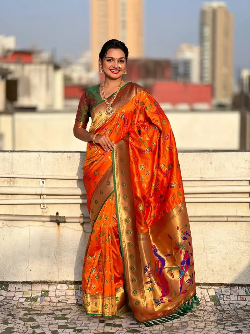 Orange paithani jaal silk blend zari woven saree