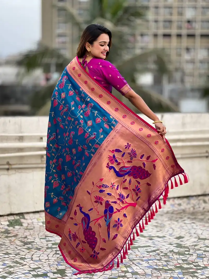 Blue paithani jaal silk blend zari woven saree