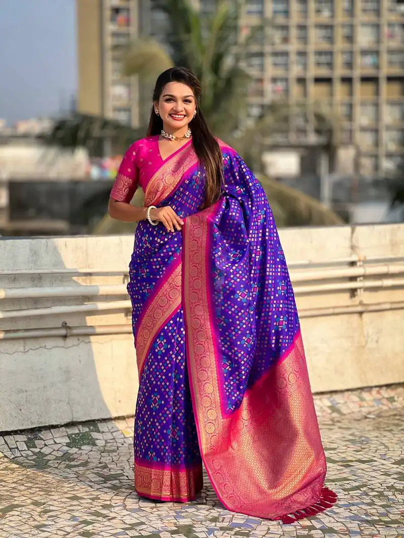 Violet soft silk blend zari woven premium patola saree with contrast weaves