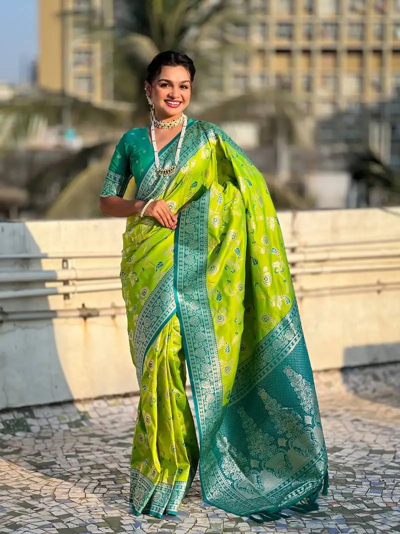 Parrot green banarasi contrast jaal soft silk blend zari woven saree