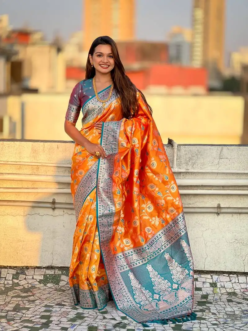 Orange banarasi contrast jaal soft silk blend zari woven saree