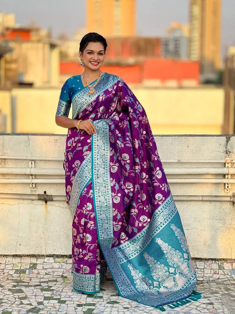 Purple banarasi contrast jaal soft silk blend zari woven saree