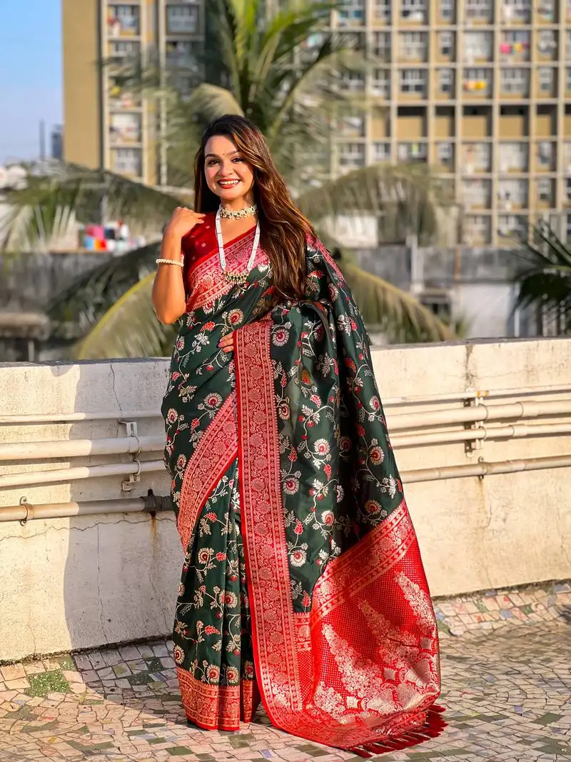 Bottle green banarasi contrast jaal soft silk blend zari woven saree