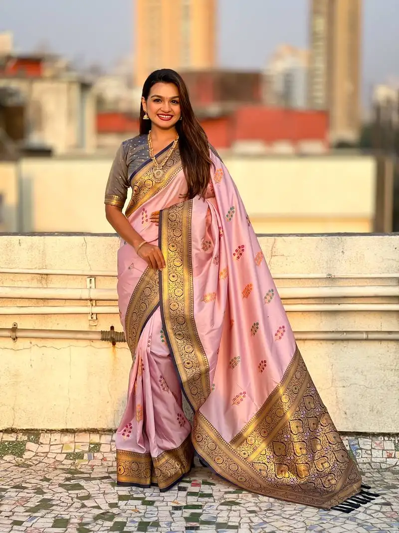 Lavender soft silk blend saree with flower butta meenakari zari woven saree