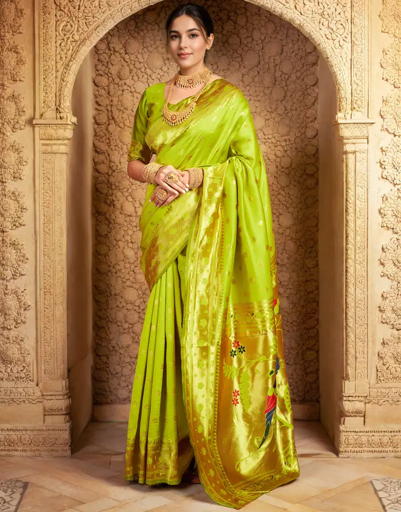 Sea green satin beads saree with unstitched blouse piece