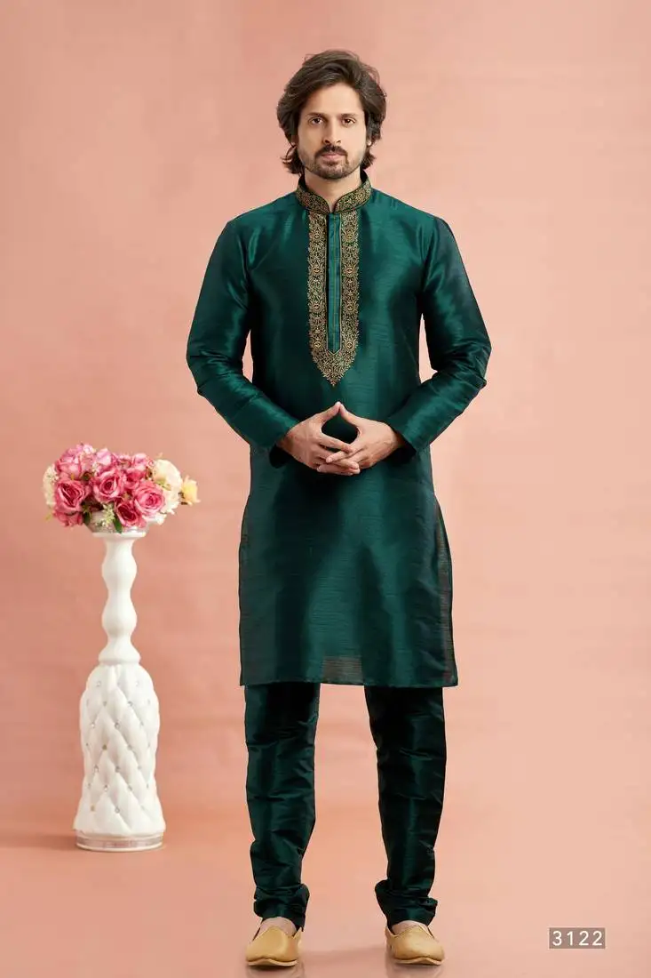 Men green banarasi art silk kurta without lining