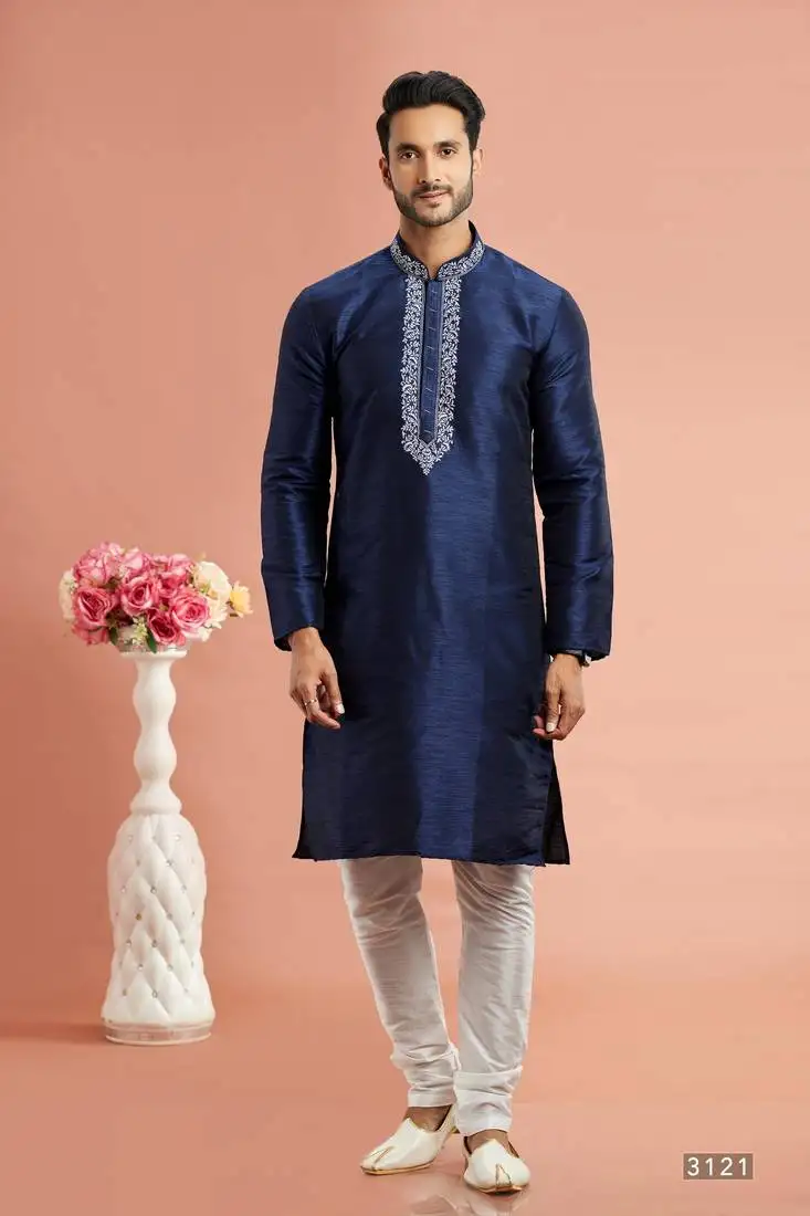 Men blue banarasi art silk kurta without lining