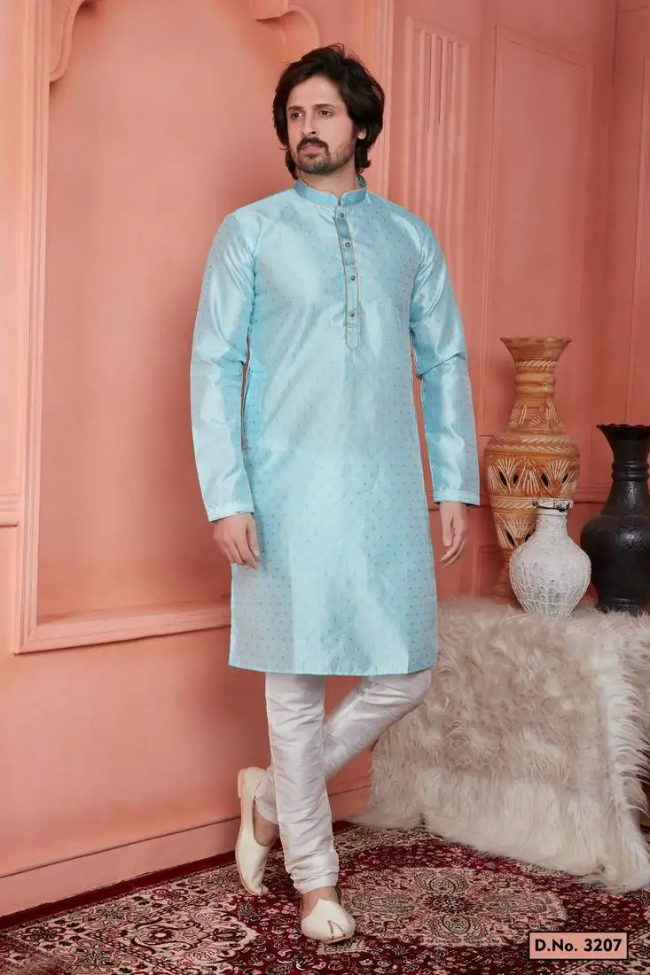 Men sky blue jacquard silk brocade straight kurta without lining