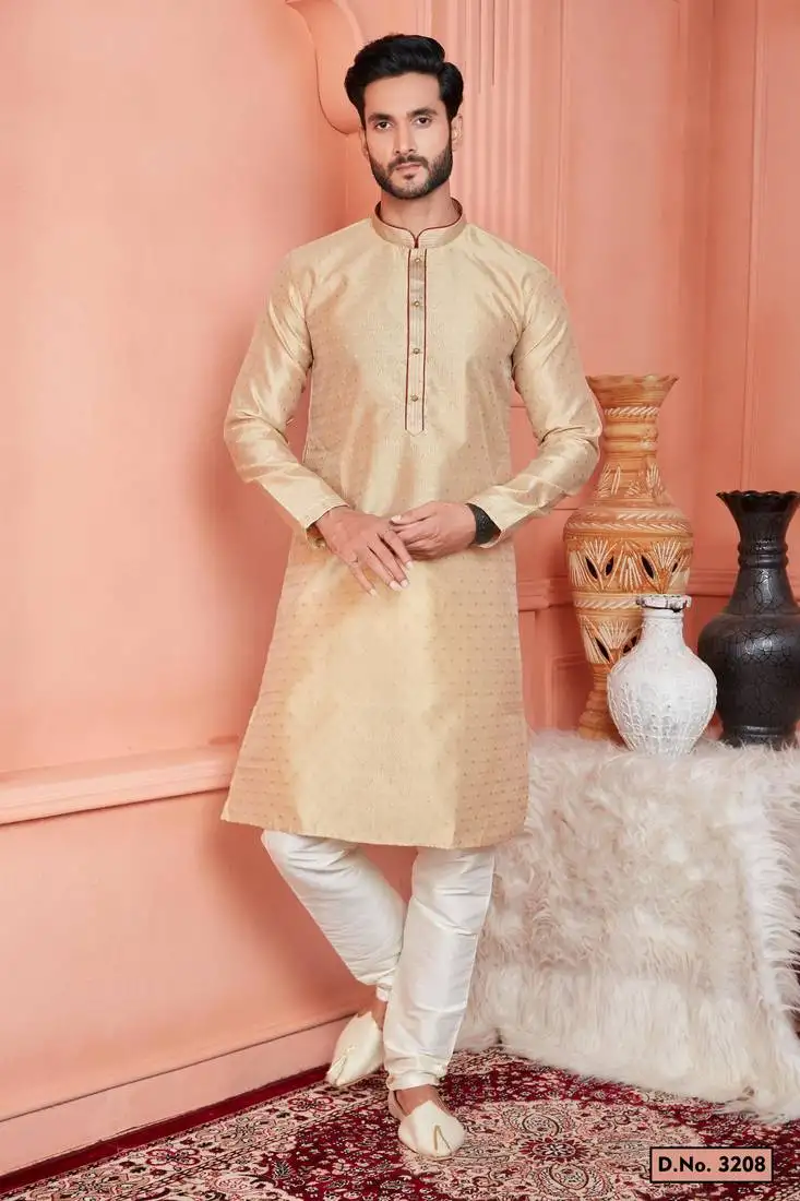 Men beige jacquard silk brocade straight kurta without lining