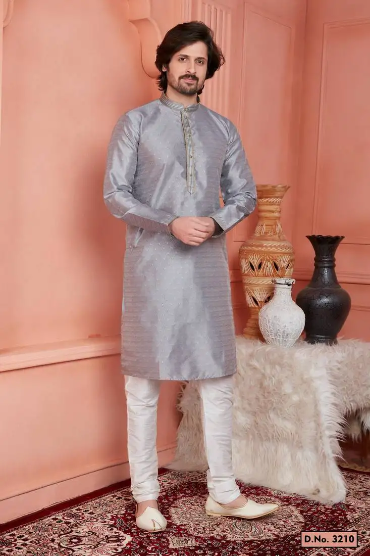 Men gray jacquard silk brocade straight kurta without lining