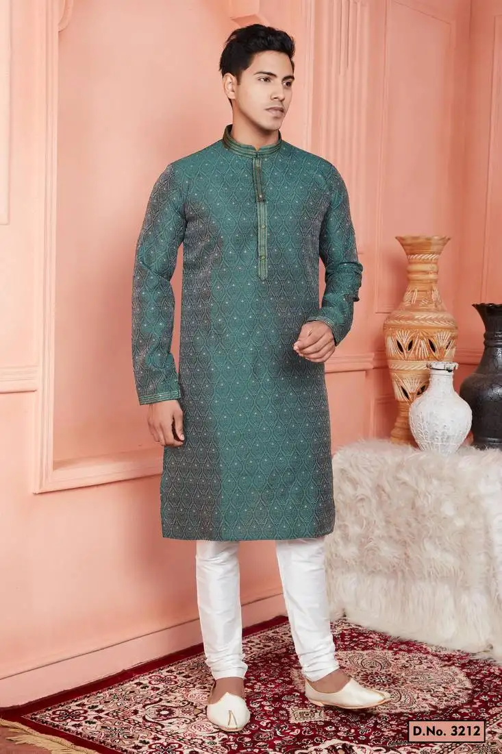 Men green jacquard silk brocade straight kurta with lining