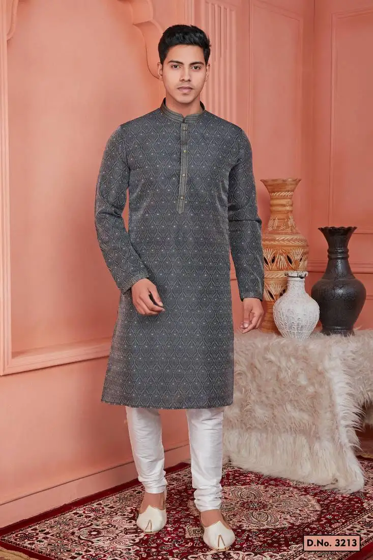 Men dark greyish blue jacquard silk brocade straight kurta with lining