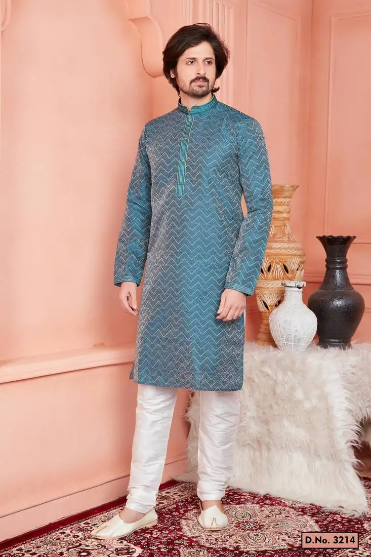 Men dark moderate blue jacquard silk brocade straight kurta with lining