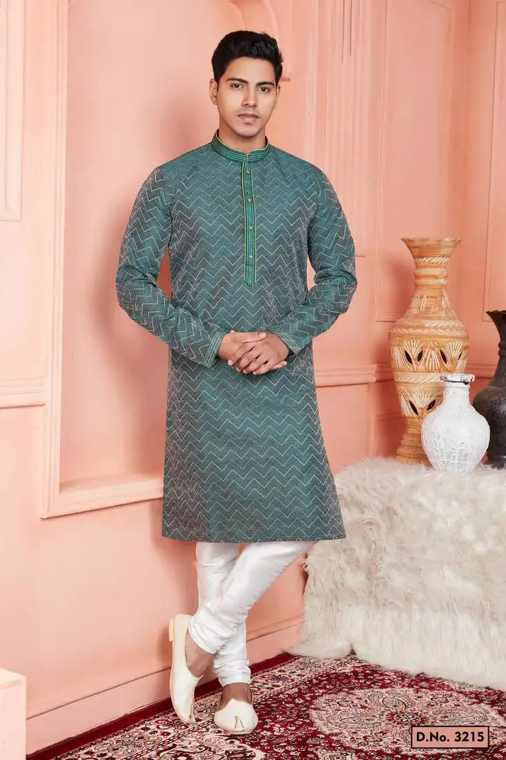 Men dark cyan jacquard silk brocade straight kurta with lining