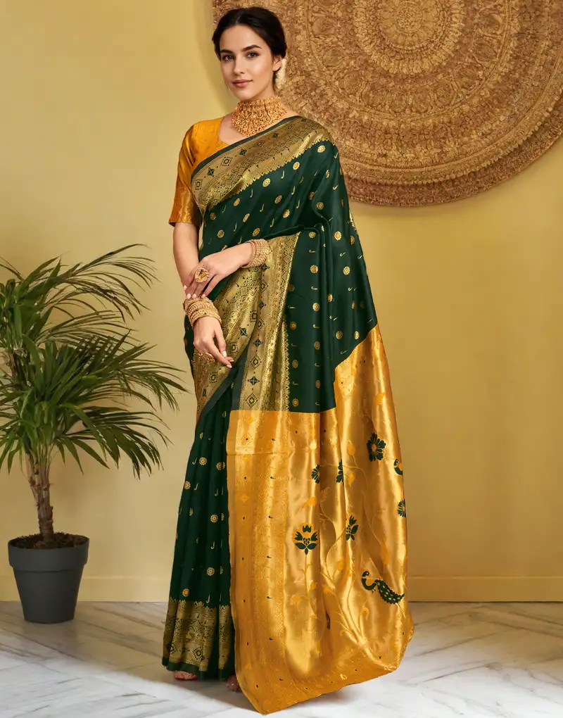 Olive satin beads saree with unstitched blouse piece
