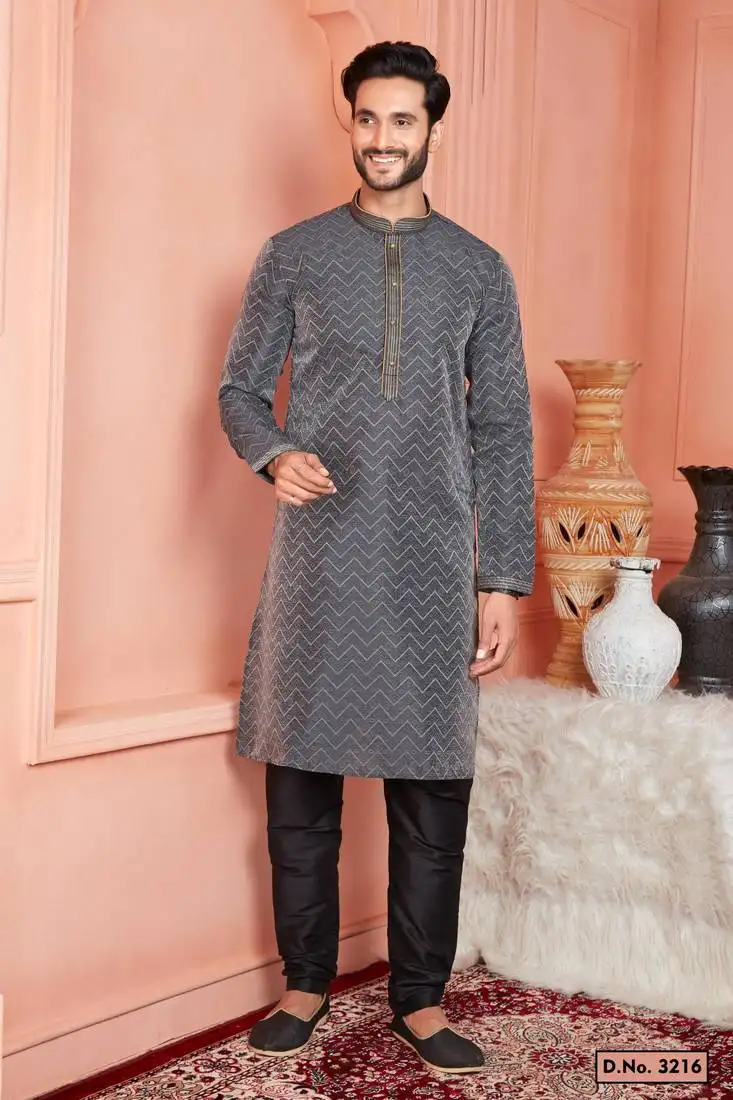 Men black jacquard silk brocade straight kurta without lining