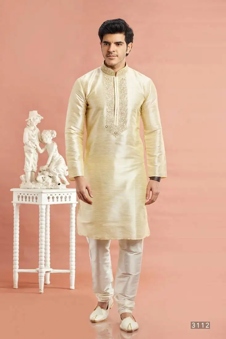 Men beige banarasi art silk kurta without lining