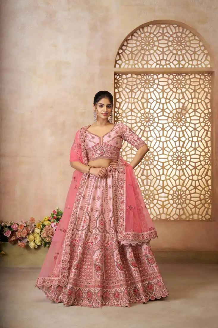 Adorable pink silk embroidery wedding wear lehenga choli