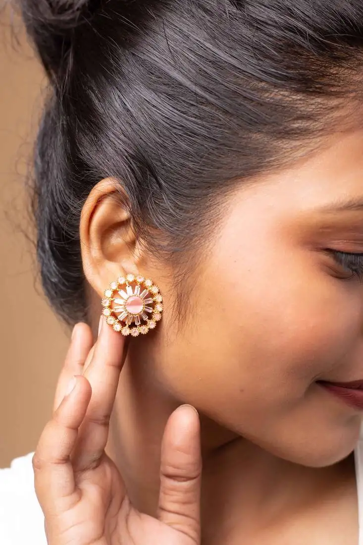 American diamond studs with baby pink stones