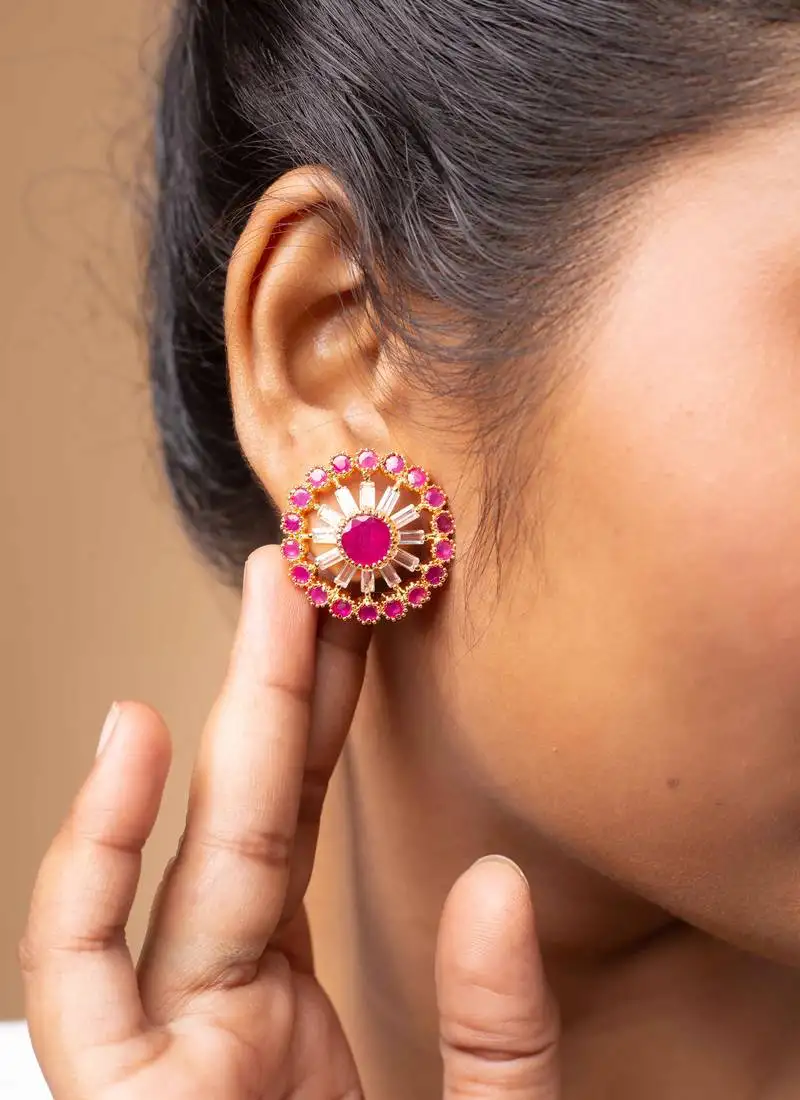 American diamond studs with pink stones