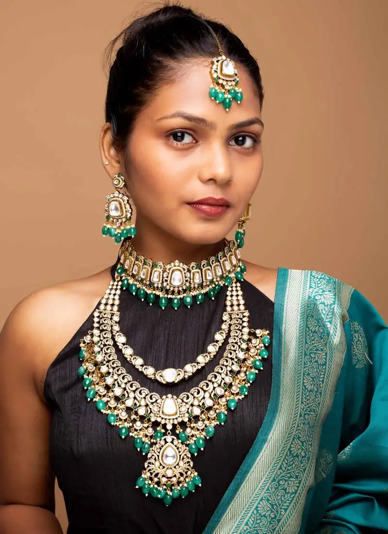 American diamond kundan necklace set with green bead accents