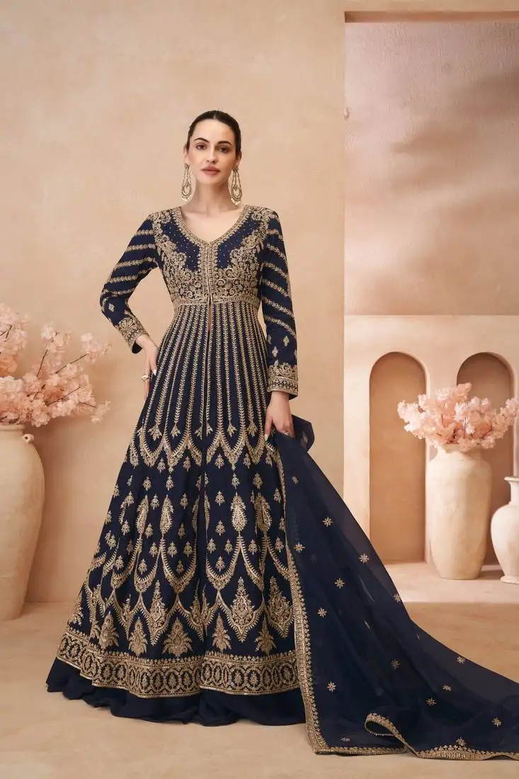 Navy blue sequins and embroidery chinon silk anarkali lehenga- free size stitching(size upto 42") stitched